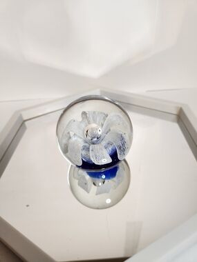 Studio Art Blown Glass Paperweight Round Bubble Iris Flower .